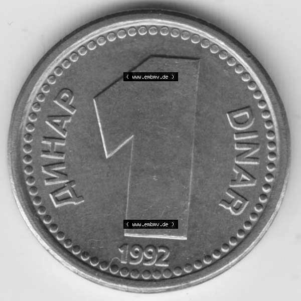 Grau bzw. s/w Münzen Jugoslawien Umlaufmünze 1992-1992, 1 Dinar, Anhap, Bild mit Vorderseite der Münze als Bildmaterial Sammlung Graustufen