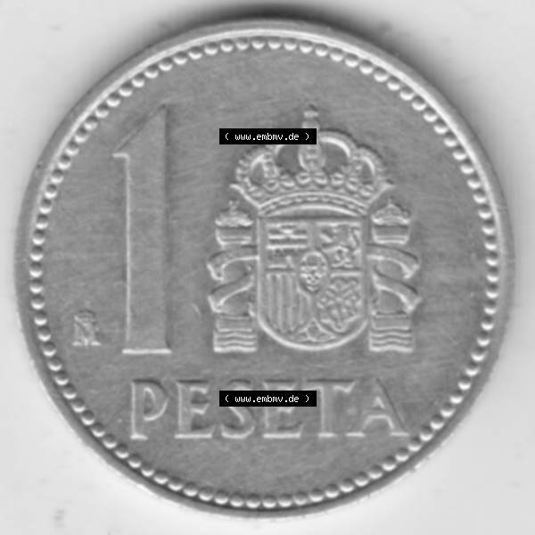 Grau bzw. s/w Münzen Spanien Umlaufmünze 1982-1989, 1 Pesete 1986. Vorderseite der alten Peseten Umlaufmünze aus Spanien vor Einführung der Euromünzen in Spanien zum katalogisieren... Sammlung Graustufen