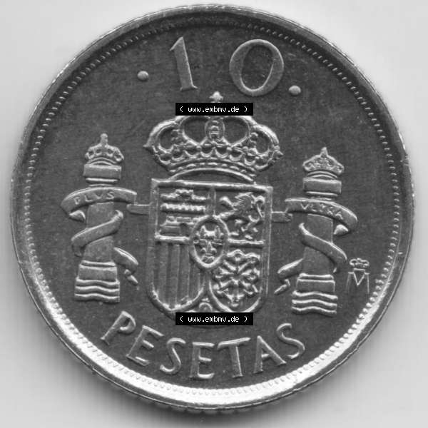 Grau bzw. s/w Münzen Spanien Umlaufmünze 1998-2000, 10 Pesetas, Peseten 1999. Vorderseite der alten Peseten Umlaufmünze aus Spanien vor Einführung der Euromünzen in Spanien... Sammlung Graustufen