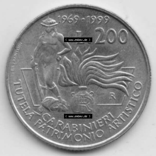 Grau bzw. s/w Münzen Italien Gedenkmünze 1999-1999, 200 Lire Carabinieri, Schutz der Kunsterbe. Vorderseite der alten italienischen Münze aus Italien in der italienischen Lira-Währung... Sammlung Graustufen