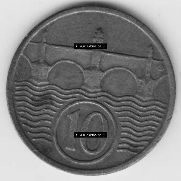 Grau bzw. s/w Münzen Tschechoslowakei Umlaufmünze 1922-1938 10 h, Heller, Haleru. Rückseite der Münze aus Tschechoslowakei als Bildmaterial für Sammler und Münzen-Webseiten... Sammlung Graustufen