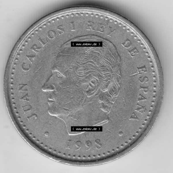 Grau bzw. s/w Münzen Spanien Umlaufmünze 1998-2000, 100 Pesetas - Peseten 1998. Rückseite der spanischen Umlaufmünze aus Spanien vor der Euro-Einführung in Spanien zum katalogisieren... Sammlung Graustufen