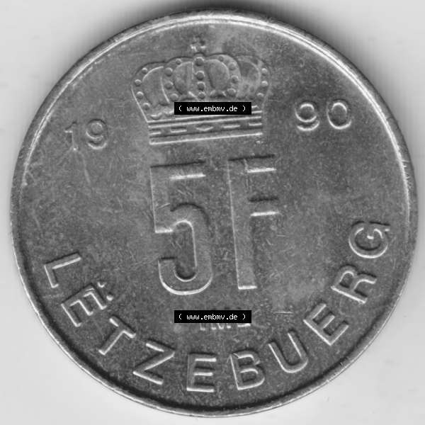 Grau bzw. s/w Münzen Luxemburg Umlaufmünze 1989-1995, 5 Franken - Francs 1990, Bild mit Vorderseite der Münze als Bildmaterial Sammlung Graustufen