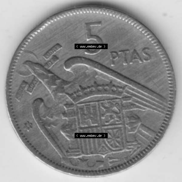 Grau bzw. s/w Münzen Spanien Umlaufmünze 1957-1957, 5 Peseten 19xx. Vorderseite der Peseten Umlaufmünze aus Spanien vor Einführung der Euromünzen in Spanien zum katalogisieren im... Sammlung Graustufen