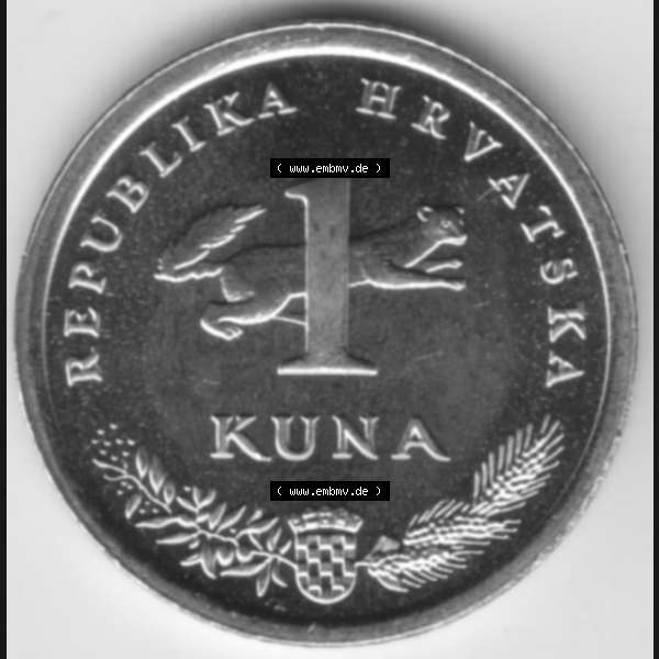 Grau bzw. s/w Münzen Kroatien Umlaufmünze 1999, 1 Kuna, Bild mit Rückseite der Münze als Bildmaterial Sammlung Graustufen