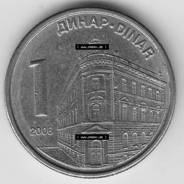 Grau bzw. s/w Münzen Serbien Umlaufmünze 2005-2009, 1 Dinar 2006. Münzen aus Serbien als Bildmaterial für Sammler und Münzen-Webseiten hier im online Katalog und Datenbank für... Sammlung Graustufen
