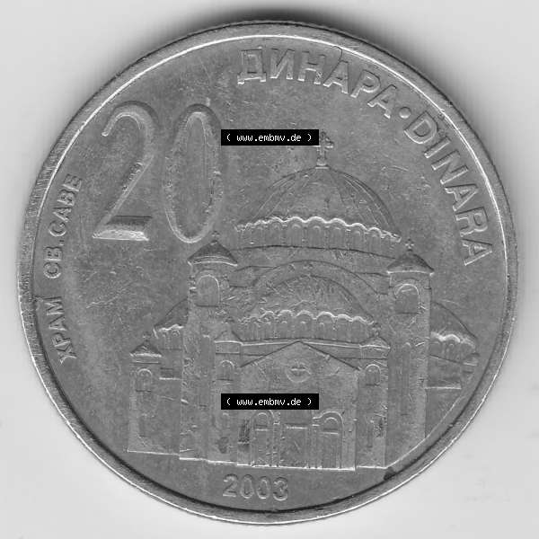 Grau bzw. s/w Münzen Serbien Umlaufmünze 2003-2003, 20 Dinar 2003. Münzen aus Serbien als Bildmaterial für Sammler und Münzen-Webseiten hier im online Katalog und Datenbank für... Sammlung Graustufen