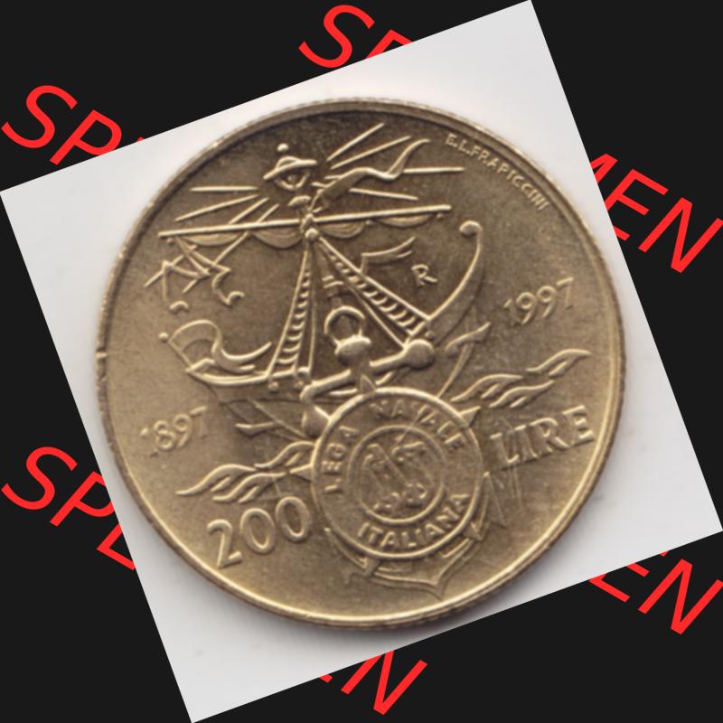 Münzen Italien Gedenkmünze 1997-1997, 200 Lire Italienische Meeresliga. Vorderseite der alten italienischen Münze aus Italien in der italienischen Lira-Währung zum katalogisieren... Sammlung
