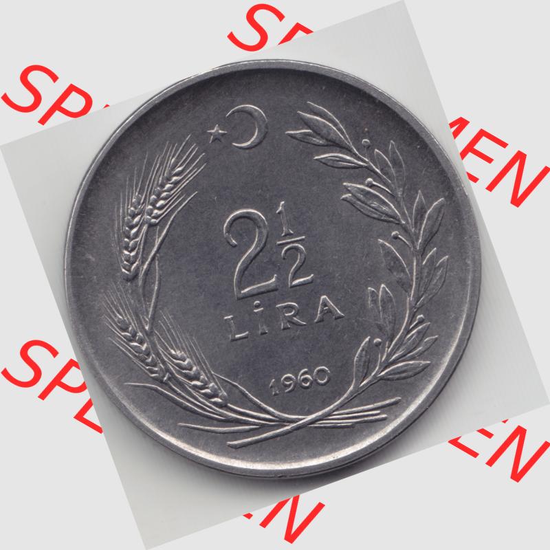 Münzen Türkei Umlaufmünze 1960-1968, 2.50 Lira. Vorderseite der Münze der Türkei als Bildmaterial für Sammler und Münzen-Webseiten hier im online... Sammlung