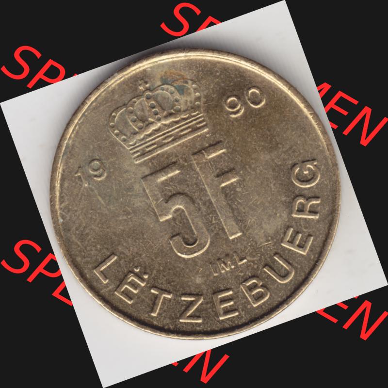 Münzen Luxemburg Umlaufmünze 1989-1995, 5 Franken - Francs 1990, Bild mit Vorderseite der Münze als Bildmaterial Sammlung