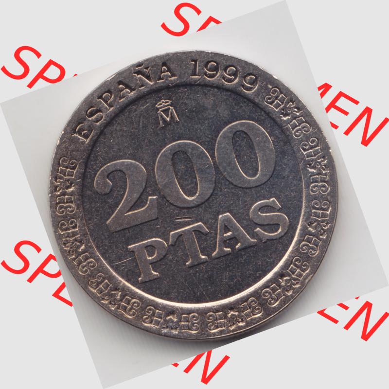 Münzen Spanien Umlaufmünze 1998-2000, 200 PTAS, Peseten 1999. Vorderseite der alten Peseten Umlaufmünze aus Spanien vor Einführung der Euromünzen in Spanien... Sammlung
