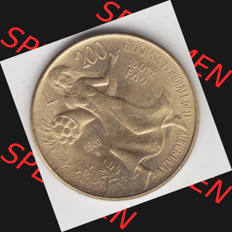 Münzen Italien Gedenkmünze 1981-1981, 200 Lire FAO - Welternährungstag. Vorderseite der alten italienischen Münze aus Italien in der italienischen Lira-Währung zum... Sammlung