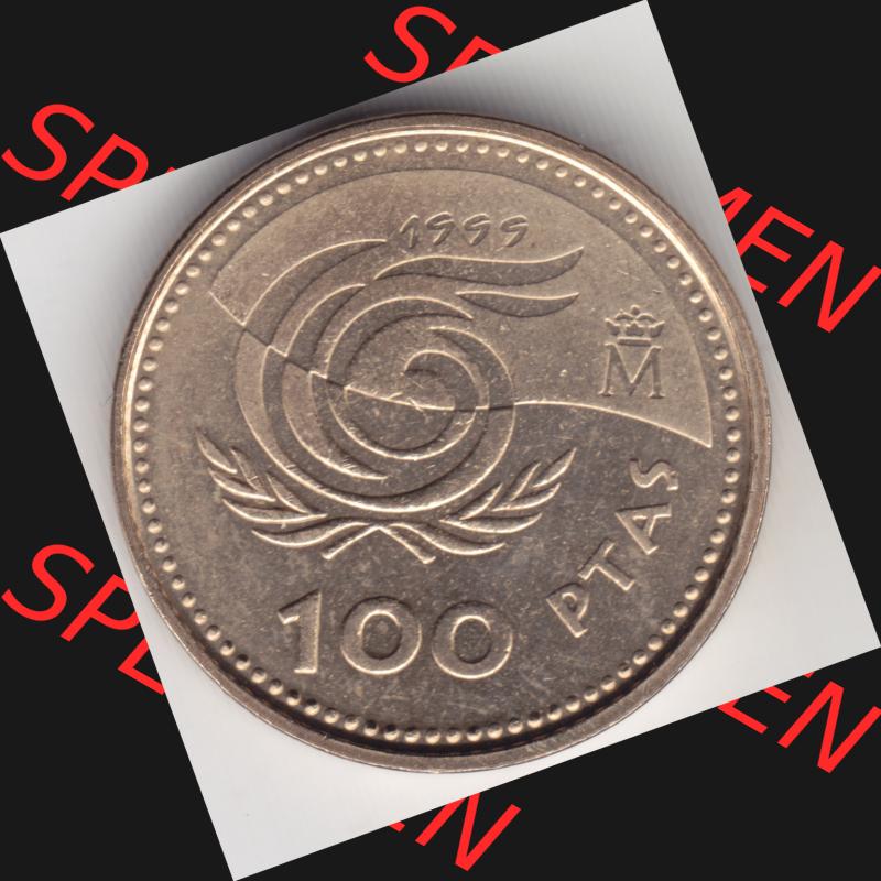 Münzen Spanien Umlaufmünze 1999-1999, 100 Ptas, Peseten 1999. Vorderseite der alten Peseten Umlaufmünze aus Spanien vor Einführung der Euromünzen in Spanien... Sammlung