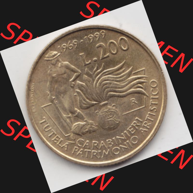Münzen Italien Gedenkmünze 1999-1999, 200 Lire Carabinieri, Schutz der Kunsterbe. Vorderseite der alten italienischen Münze aus Italien in der italienischen Lira-Währung... Sammlung