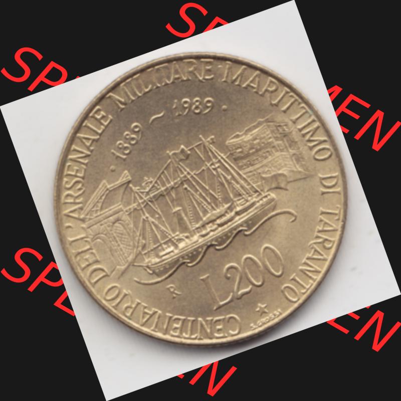 Münzen Italien Gedenkmünze 1989-1989, 200 Lire Marinebasis Tarent. Vorderseite der alten italienischen Münze aus Italien in der italienischen Lira-Währung zum katalogisieren... Sammlung