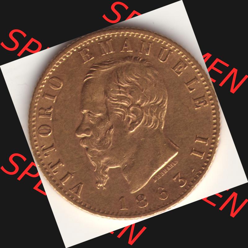 Münzen Italien Goldmünze 1861-1870, 20 Lire Vittorio Emanuele I. Goldmünze 1863. Rückseite der alten italienischen Münze aus Italien in der italienischen Lira-Währung... Sammlung