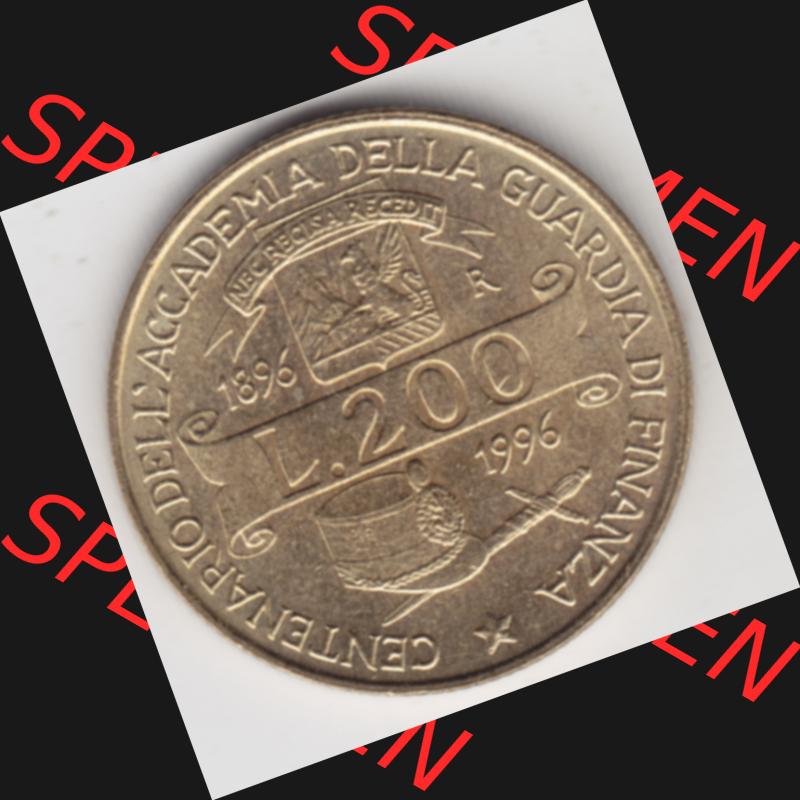 Münzen Italien Gedenkmünze 1996-1996, 200 Lire Zollakademie. Vorderseite der alten italienischen Münze aus Italien in der italienischen Lira-Währung zum katalogisieren... Sammlung