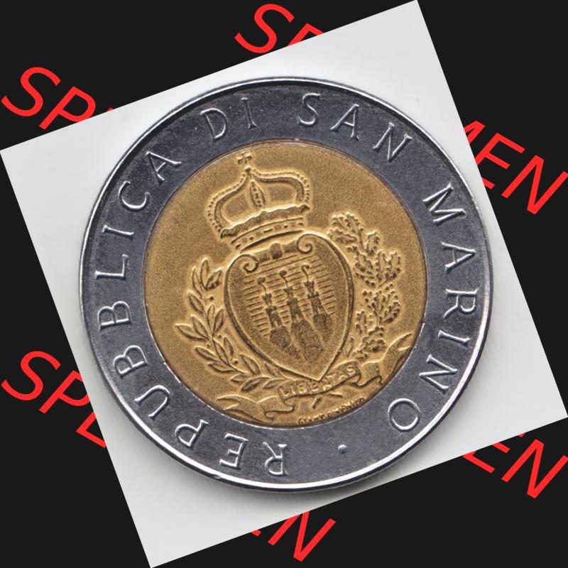 Münzen San Marino Gedenkmünze 1987-1987, 500 Lire 15. Jahrestag - Wiederaufnahme der Münzenprägung. Wappen der 500 Lire Gedenkmünzen von San Marino Eurovorläufer... Sammlung
