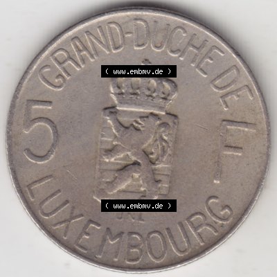 Münzen Luxemburg Umlaufmünze 1962-1962, 5 Franken - Francs 1962, Bild mit Vorderseite der Münze als Bildmaterial Sammlung
