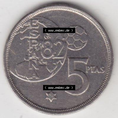 Münzen Spanien Umlaufmünze 1980-1980, 5 Peseten 1982. Vorderseite der alten Peseten Umlaufmünze aus Spanien vor Einführung der Euromünzen in Spanien zum katalogisieren... Sammlung