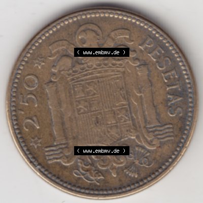 Münzen Spanien Umlaufmünze 1953-1953, 2,50 Peseten 1953. Vorderseite der Peseten Umlaufmünze aus Spanien vor Einführung der Euromünzen in Spanien zum katalogisieren... Sammlung