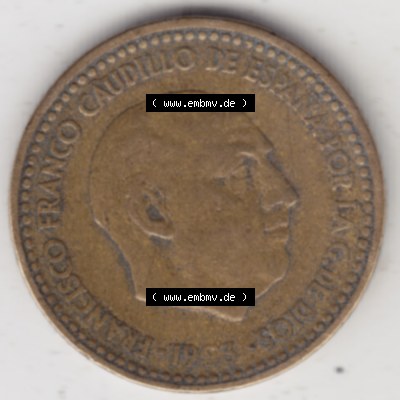 Münzen Spanien Umlaufmünze 1946-1963, 1 Peseta-Pesete 19x3. Rückseite der spanischen Umlaufmünze aus Spanien vor der Euro-Einführung in Spanien zum katalogisieren... Sammlung