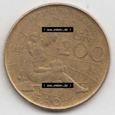 Münzen Italien Gedenkmünze 1980-1980, 200 Lire FAO - Internationales Jahr der Frau. Vorderseite der alten italienischen Münze aus Italien in der italienischen Lira-Währung... Sammlung