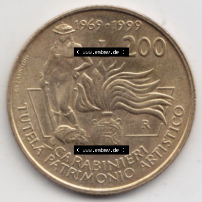 Münzen Italien Gedenkmünze 1999-1999, 200 Lire Carabinieri, Schutz der Kunsterbe. Vorderseite der alten italienischen Münze aus Italien in der italienischen Lira-Währung... Sammlung
