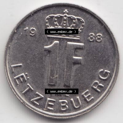 Münzen Luxemburg Umlaufmünze 1988-1995, 1 Franc - Franken 1988, Bild mit Vorderseite der Münze als Bildmaterial Sammlung