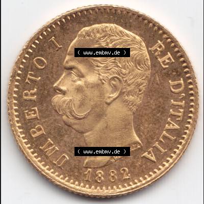 Münzen Italien Goldmünze 1880-1897, 20 Lire Umberto I. Goldmünze 1882. Rückseite der alten italienischen Münze aus Italien in der italienischen Lira-Währung... Sammlung