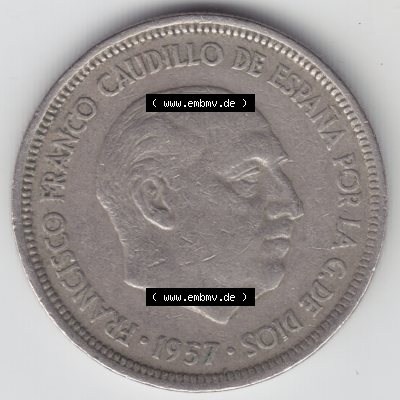 Münzen Spanien Umlaufmünze 1957, 1957-1975, 5 PTAS, Peseten 1958. Rückseite der spanischen Umlaufmünze aus Spanien vor der Euro-Einführung in Spanien zum... Sammlung