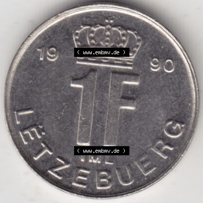 Münzen Luxemburg Umlaufmünze 1988-1995, 1 Franken - Francs 1990, Bild mit Vorderseite der Münze als Bildmaterial Sammlung
