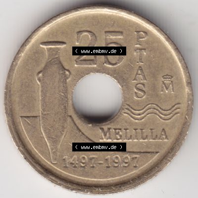 Münzen Spanien Umlaufmünze 1997-1997, 25 PTAS - Peseten 1997. Vorderseite der alten Peseten Umlaufmünze aus Spanien vor Einführung der Euromünzen in Spanien zum katalogisieren... Sammlung