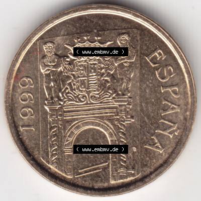 Münzen Spanien Umlaufmünze 1999-1999, 5 Ptas, Peseten 1999. Rückseite der spanischen Umlaufmünze aus Spanien vor der Euro-Einführung in Spanien zum katalogisieren... Sammlung