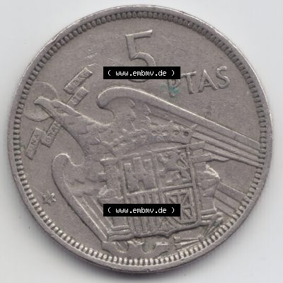 Münzen Spanien Umlaufmünze 1957, 1957-1975, 5 PTAS, Peseten 1958. Vorderseite der Peseten Umlaufmünze aus Spanien vor Einführung der Euromünzen in Spanien... Sammlung