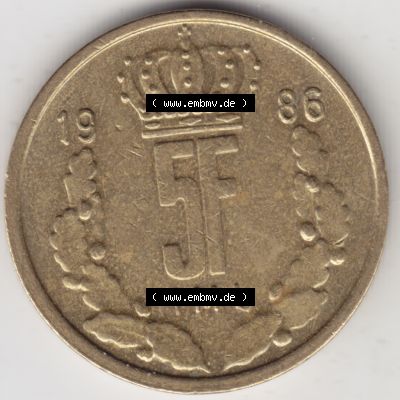 Münzen Luxemburg Umlaufmünze 1986-1988, 5 F, Francs, Franken 1986, Bild mit Vorderseite der Münze als Bildmaterial Sammlung