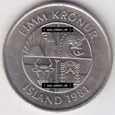 Münzen Island Umlaufmünze 1981-1992, 5 KR Kronur, Kronen 1981. Vorderseite der alten Isländischen Umlaufmünze aus Island in Isländischen Kronen-Währung... Sammlung