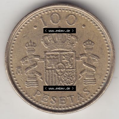 Münzen Spanien Umlaufmünze 1998-2000, 100 Pesetas - Peseten 1998. Vorderseite der alten Peseten Umlaufmünze aus Spanien vor Einführung der Euromünzen in Spanien zum... Sammlung