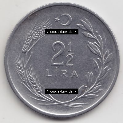 Münzen Türkei Umlaufmünze 1969-1980, 2,50 Lira - Lire. Vorderseite der Münze der Türkei als Bildmaterial für Sammler und Münzen-Webseiten hier im online... Sammlung