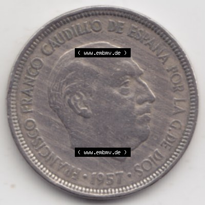 Münzen Spanien Umlaufmünze 1957-1957, 5 Peseten 19xx. Rückseite der spanischen Umlaufmünze aus Spanien vor der Euro-Einführung in Spanien zum katalogisieren im spanischen... Sammlung
