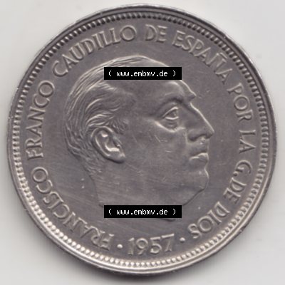 Münzen Spanien Umlaufmünze 1957-1957, 50 Peseten 1960. Rückseite der spanischen Umlaufmünze aus Spanien vor der Euro-Einführung in Spanien zum katalogisieren im spanischen... Sammlung