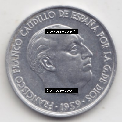 Münzen Spanien Umlaufmünze 1959-1959, 10 Centimos 1959. Rückseite der spanischen Umlaufmünze aus Spanien vor der Euro-Einführung in Spanien zum katalogisieren im spanischen... Sammlung