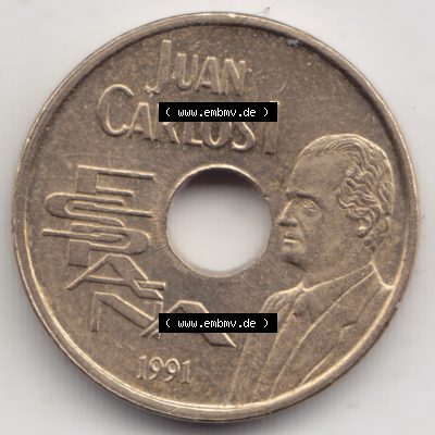 Münzen Spanien Umlaufmünze 1990-1991, 25 PTAS - Peseten 1991. Rückseite der spanischen Umlaufmünze aus Spanien vor der Euro-Einführung in Spanien zum katalogisieren... Sammlung