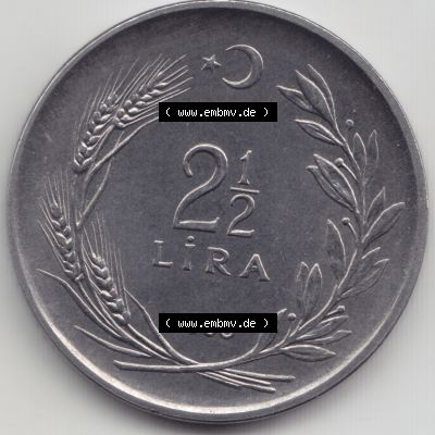 Münzen Türkei Umlaufmünze 1960-1968, 2.50 Lira. Vorderseite der Münze der Türkei als Bildmaterial für Sammler und Münzen-Webseiten hier im online... Sammlung