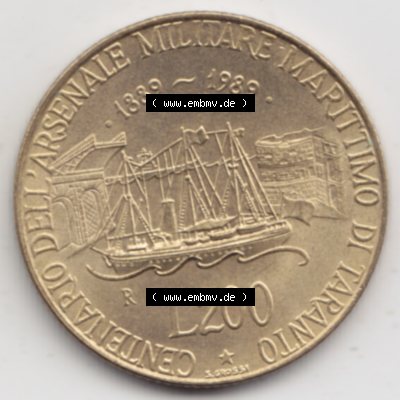 Münzen Italien Gedenkmünze 1989-1989, 200 Lire Marinebasis Tarent. Vorderseite der alten italienischen Münze aus Italien in der italienischen Lira-Währung zum katalogisieren... Sammlung