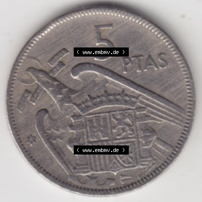 Münzen Spanien Umlaufmünze 1957-1957, 5 Peseten 19xx. Vorderseite der Peseten Umlaufmünze aus Spanien vor Einführung der Euromünzen in Spanien zum katalogisieren im... Sammlung