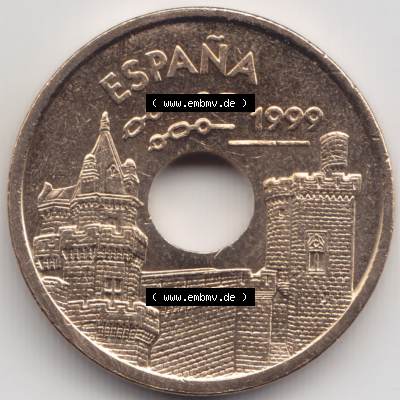 Münzen Spanien Umlaufmünze 1999-1999, 25 PTAS, Peseten 1999. Rückseite der spanischen Umlaufmünze aus Spanien vor der Euro-Einführung in Spanien zum katalogisieren... Sammlung