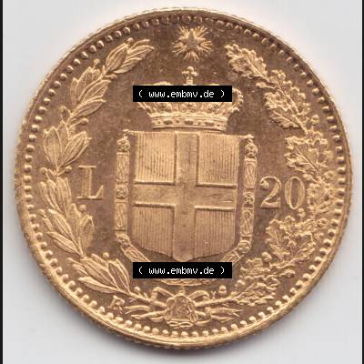 Münzen Italien Goldmünze 1880-1897, 20 Lire Umberto I. Goldmünze 1882. Vorderseite der alten italienischen Münze aus Italien in der italienischen Lira-Währung... Sammlung