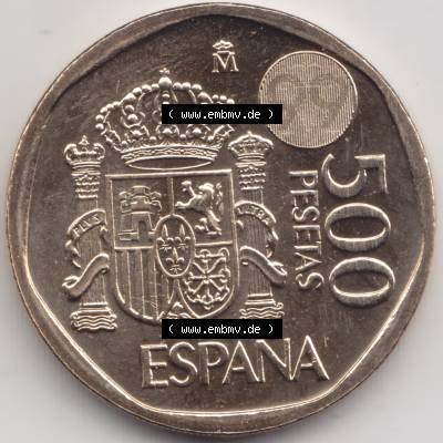 Münzen Spanien Umlaufmünze 1993-2001, 500 PTAS, Peseten 1999. Vorderseite der alten Peseten Umlaufmünze aus Spanien vor Einführung der Euromünzen in Spanien... Sammlung