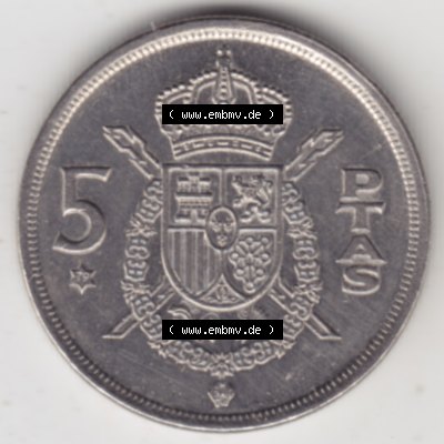 Münzen Spanien Umlaufmünze 1975-1975, 5 Peseten 1979. Vorderseite der alten Peseten Umlaufmünze aus Spanien vor Einführung der Euromünzen in Spanien zum katalogisieren... Sammlung